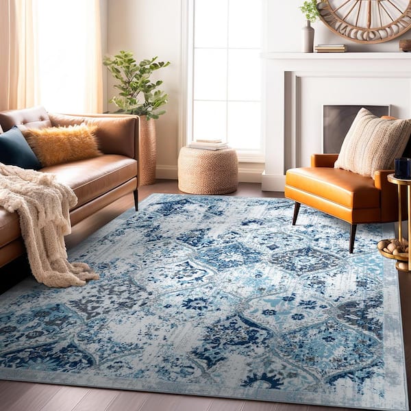 World Rug Gallery 8 ft. x 10 ft. Blue Trellis Bordered Moroccan