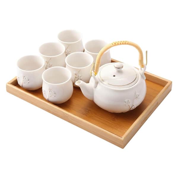 Japanese Porcelain Tea Set with Golden Plum Design, 1 Teapot, 6 Tea Cups, 1 Tray, Stainless Infuser, 1 Set