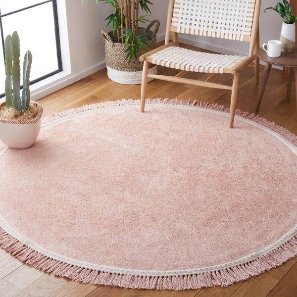 Easy Care Pink/Ivory 5 ft. x 5 ft. Machine Washable Solid Fringe Border Round Area Rug