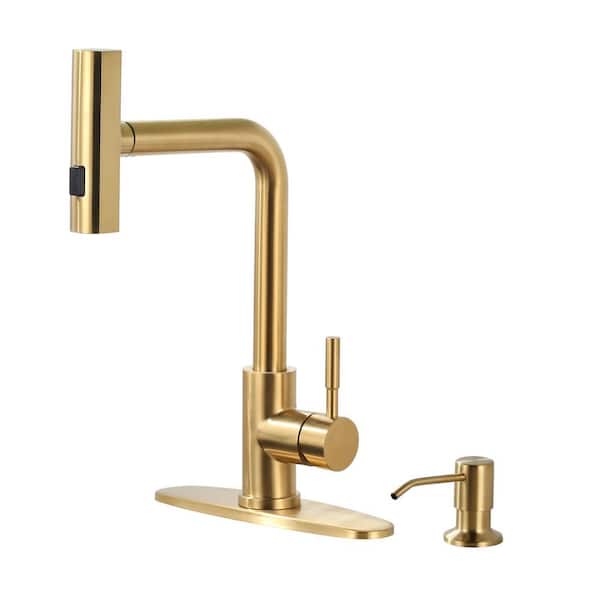 3 Modes Single Handle Waterfall Pull Down Sprayer Kitchen Faucet with Soap Dispenser in Brushed Gold