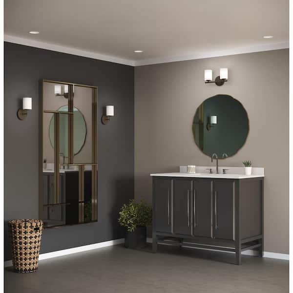 Replay Collection 13 in. 2-Light Antique Bronze Etched Glass Modern Bathroom Vanity Light