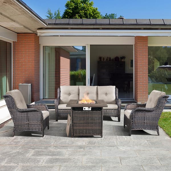 Gymojoy Carolina Brown 4-Piece Wicker Patio Fire Pit Seating Set with Beige Cushions