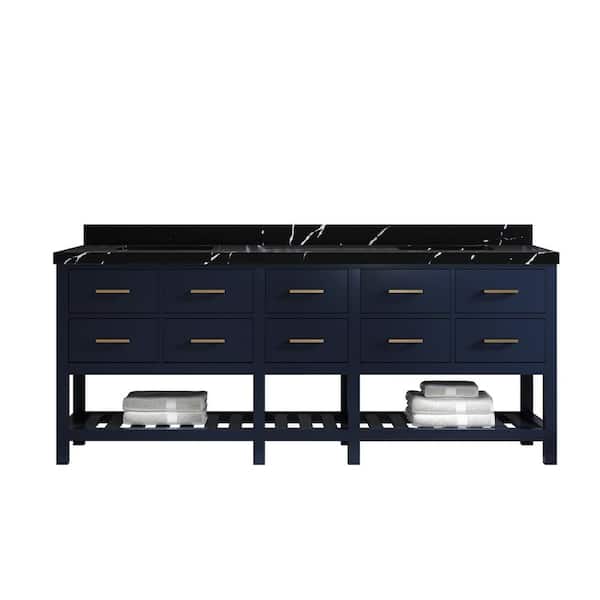 Willow Collections Parker 84 in. Double Sink Freestanding Navy Blue Bath Vanity with Calacatta Black Qt. Top Unassembled