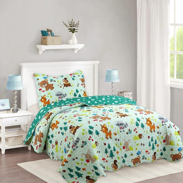 A81 Green Forest Twin Size Polyester Quilt Bedspread Set Throw Blanket