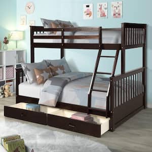 Twin-Over-Full Bunk Bed with Ladders and 2-Storage Drawers in Brown