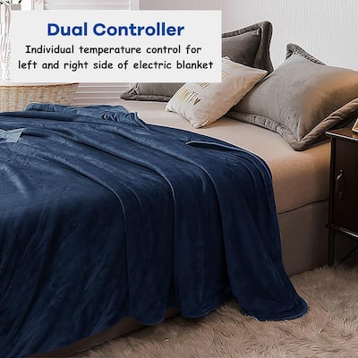 Blue Flannel 84 in. x 90 in. Heated Electric Throw Blanket with Dual Controllers