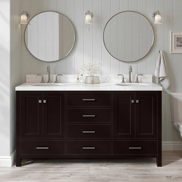 ARIEL Cambridge 66.25 in. W x 22 in. D x 36 in. H Double Sink Freestanding Bath Vanity in Espresso with Carrara Quartz Top