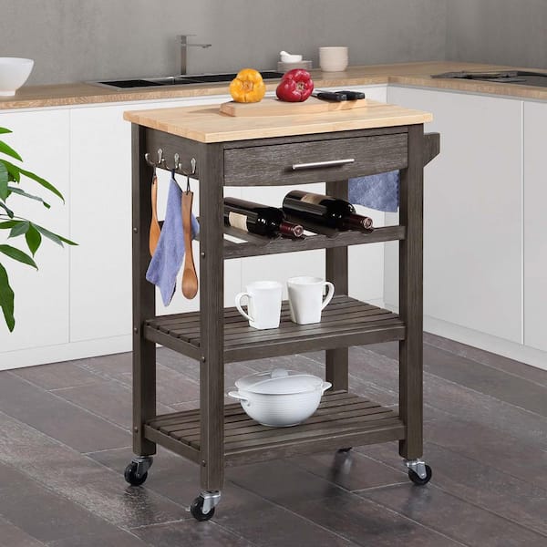 Convenience Concepts Ellaine Wirebrush Dark Gray Butcher Block Kitchen Cart with Wine Rack
