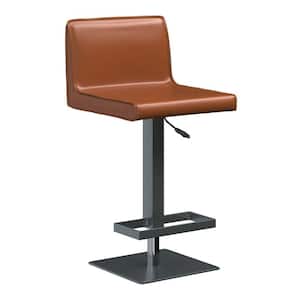 11 in. Cognac Brown and Black Low Back Metal Frame Bar Stool with Faux Leather Seat