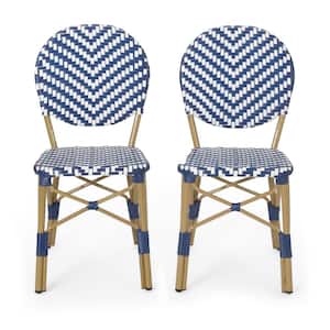 Groveport French Stationary Aluminum Outdoor Patio Dining Chair in Navy Blue and White (2-Pack)