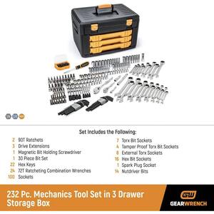 1/4 in. and 3/8 in. Drive 90-Tooth Standard and Deep SAE/Metric Mechanics Tool Set in 3-Drawer Storage Box (232-Piece)
