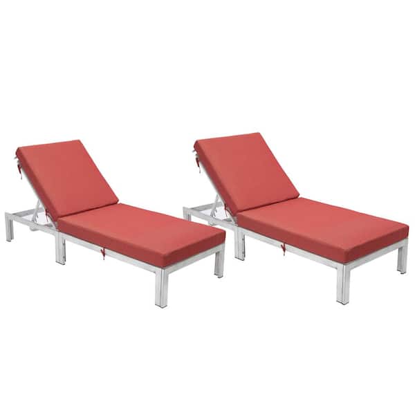 Leisuremod Chelsea Modern Weathered Grey Aluminum Outdoor Chaise Lounge Chair with Red Cushions Set of 2