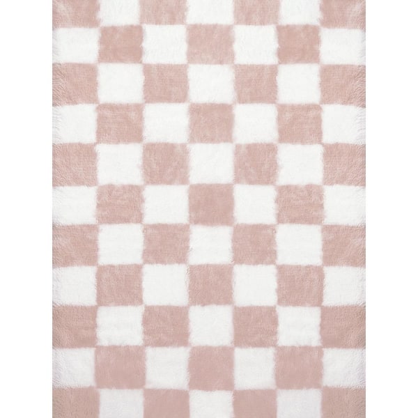 Checkerboard Shag Pink/White 5 ft. x 8 ft. Checkered Area Rug