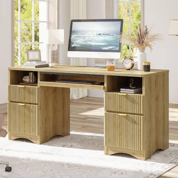 60 in. Natural Fluid Executive Desk with 4 Storage Drawers and Keyboard Tray, Computer Desk for Home Office