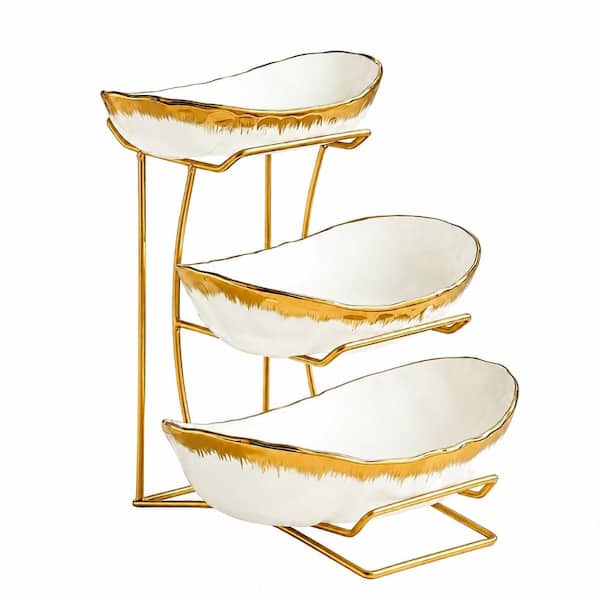3 Tier Ceramic Fruit Bowl Set with Gold Metal Stand for Kitchen Countertop Storage and Display Stand