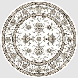 Pisa Bone 5 ft. Round Traditional Oriental Floral Scroll Area Rug