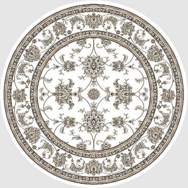 Pisa Bone 8 ft. Round Traditional Oriental Floral Scroll Area Rug