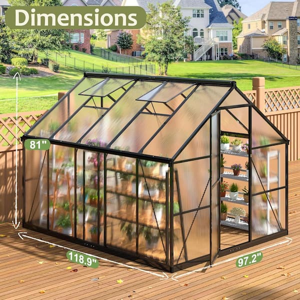 8 ft. W x 10 ft. D Greenhouse for Outdoors, Polycarbonate Greenhouse with Quick Setup Structure and Roof Vent, Black
