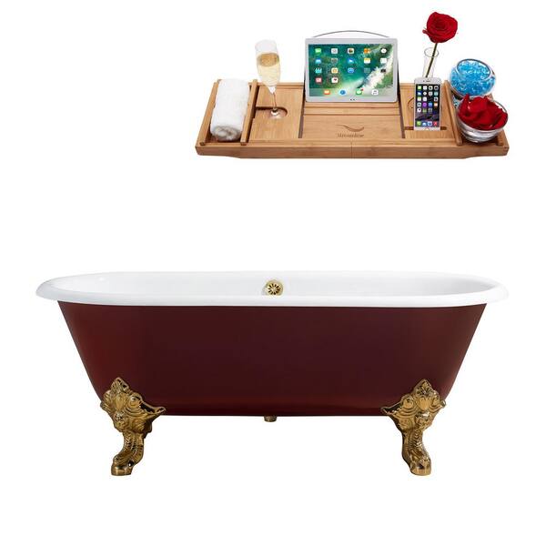 Streamline 68.9 in. Cast Iron Clawfoot Non-Whirlpool Bathtub in Red