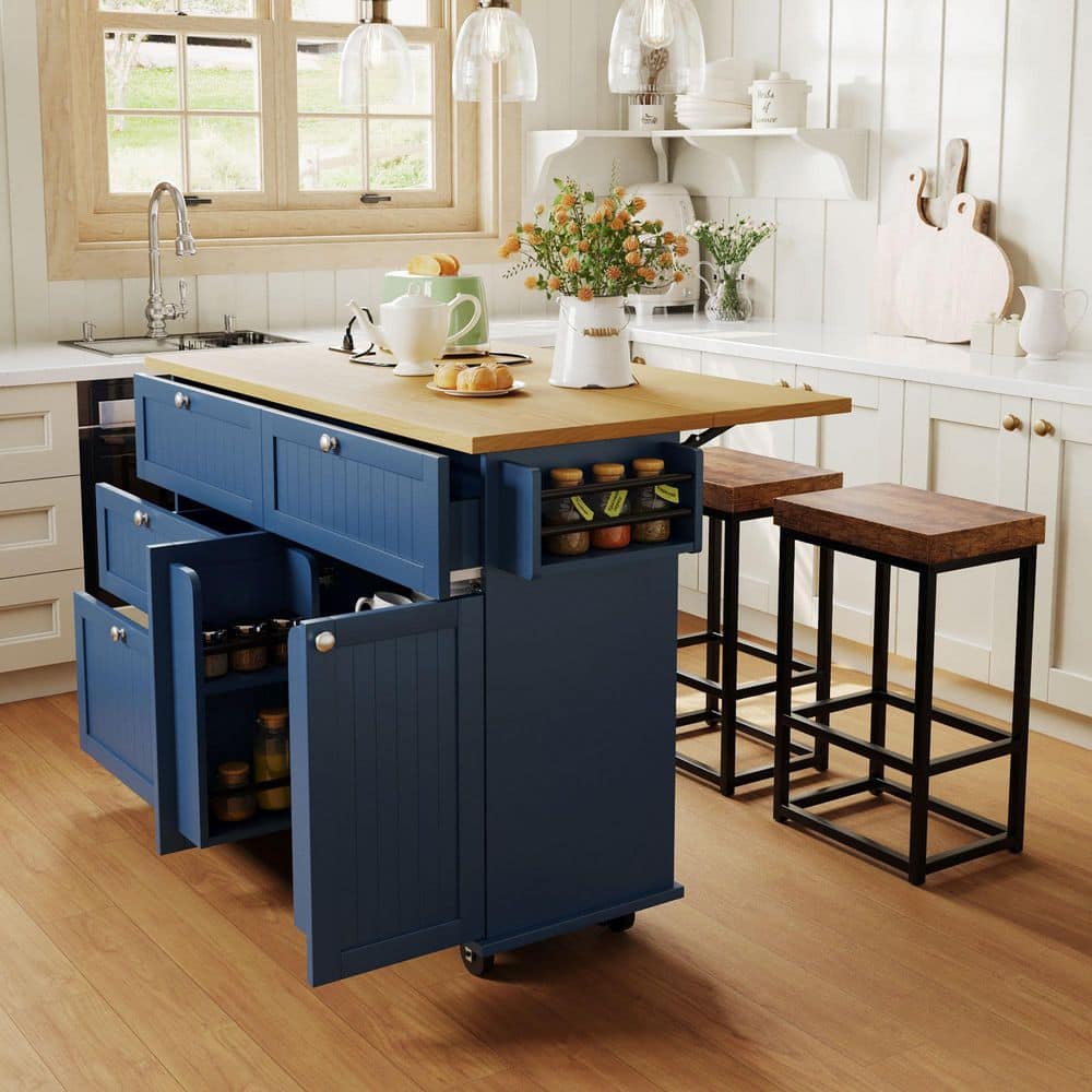 Harper & Bright Designs Blue Rubber Wood 50.3 in. W Kitchen Island