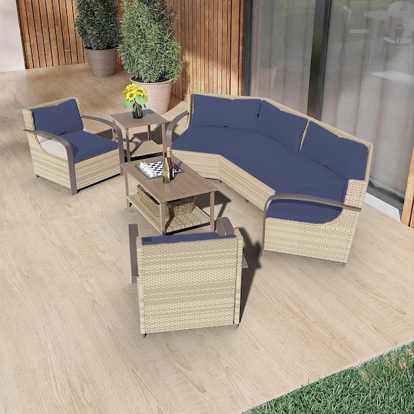 INMITOM 5-Piece Outdoor Patio Conversation Set with Blue Cushions, Seats 6, Includes Coffee Table