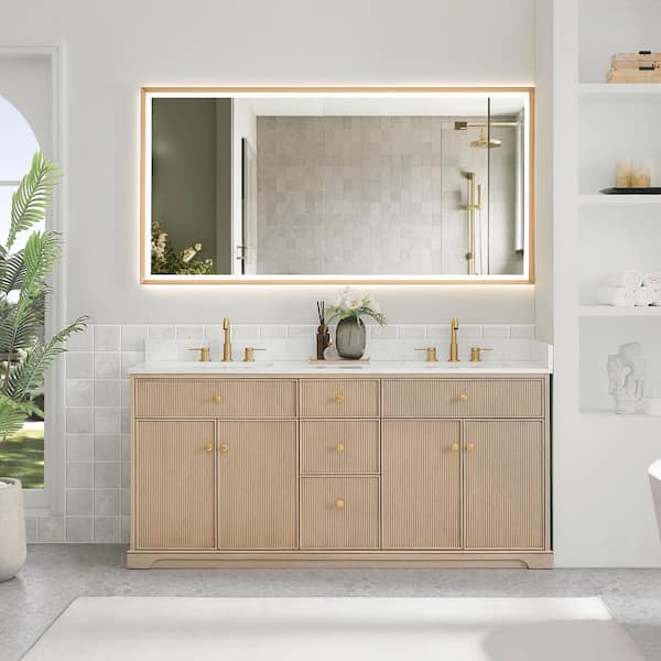 Barnett 72 in. Double Freestanding Natural Oak Bath Vanity with Grain White Engineered Stone Top Assembled