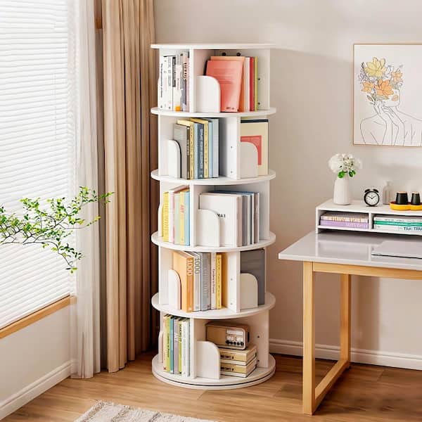 Pamela 360° Rotating 61.81 in. Tall White MDF 5-Shelf Corner Bookcase Display Bookshelf with Baffle Design