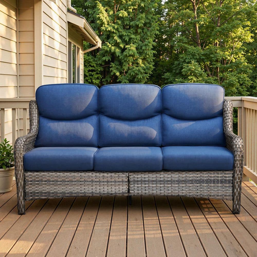 Crescent Gray Wicker Outdoor 3-Seat Couch with High Curved Back and 5-Inch Thick Navy Blue Cushions price history on PriceWatchPro