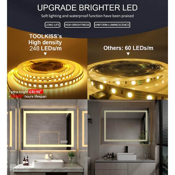 Classic 55 in. W x 30 in. H Rectangular Frameless Anti-Fog LED Light Wall Bathroom Vanity Mirror Front Light