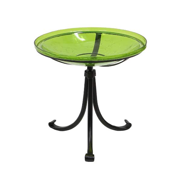 ACHLA DESIGNS 14 in. Dia Round Fern Green Crackle Glass Birdbath with Black Wrought Iron Tripod Stand