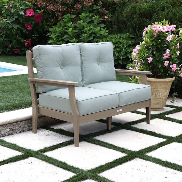 Lehigh Woodland Brown Recycled Plastic Outdoor Deep Seating Loveseat with Sunbrella Canvas Seasalt Cushions