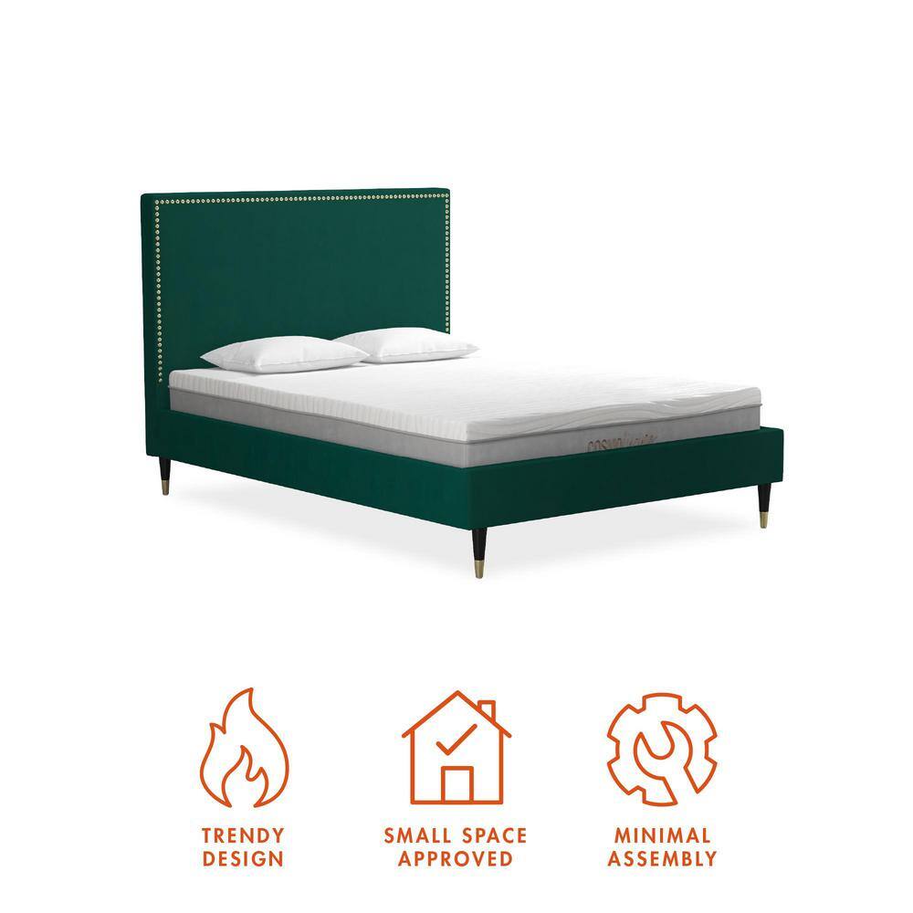 Emerald Green Velvet Queen Bed with Gold Nailhead Trim & Black Legs