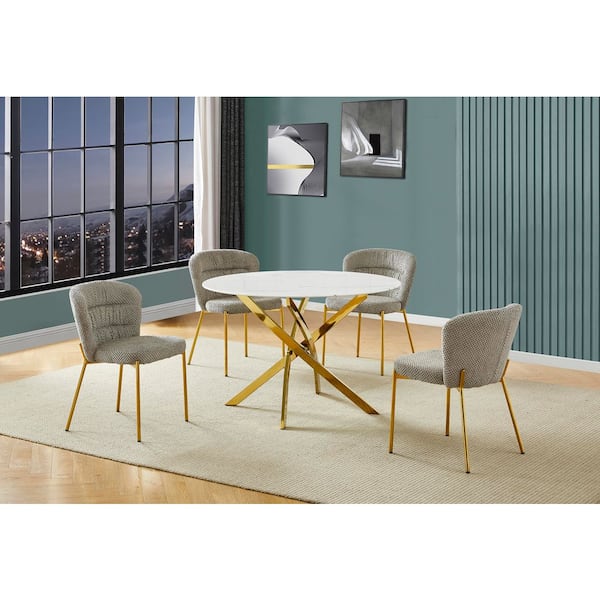 Best Quality Furniture Ruth 5-Piece White Marble Wrap Glass Top Gold Chrome Plated Base Dining Set with 4 Grey Chairs