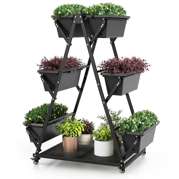 Metal Black Raised Garden Bed Planter Stand Elevated Garden Planter with 6-Container Boxes Drainage System and 4 Wheels