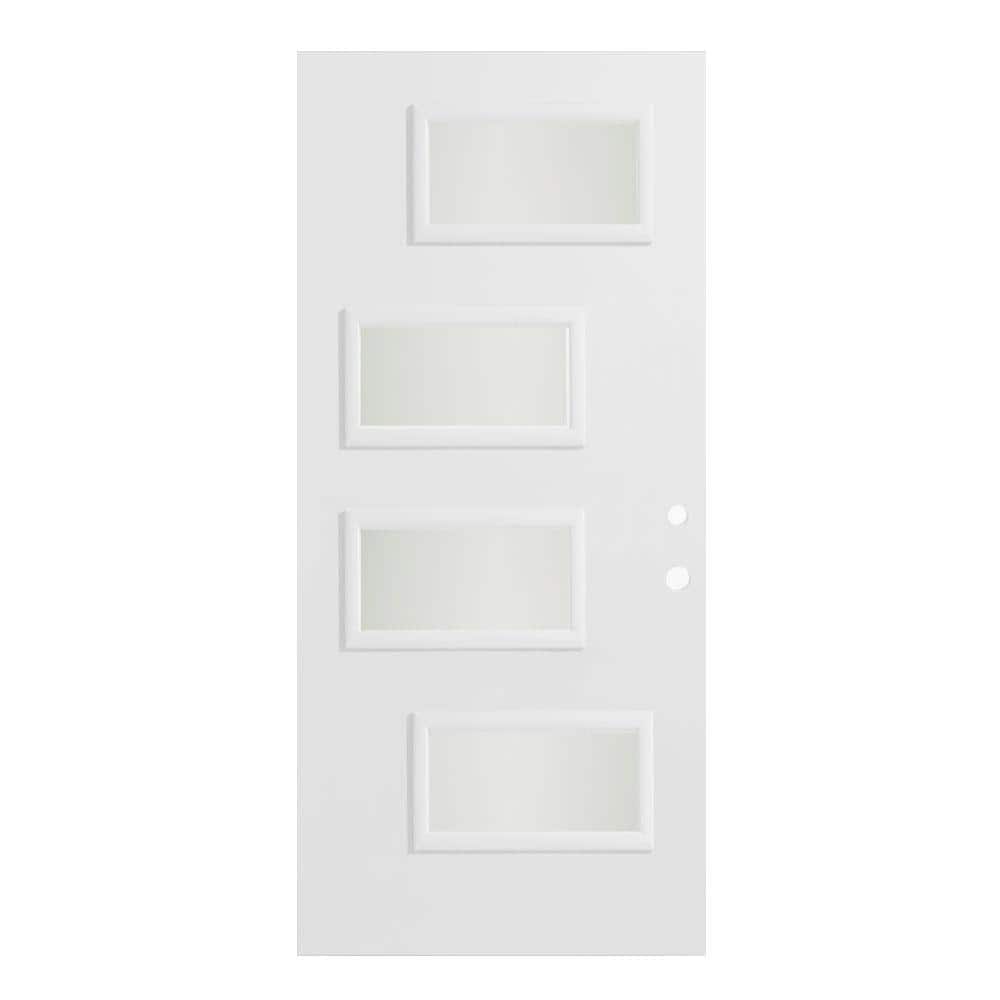 32 in. x 80 in. Beatrice Satin Opaque 4 Lite Painted White Left-Hand Inswing Steel Prehung Front Door