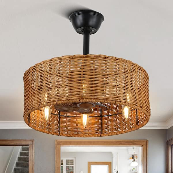 Bella Depot 18 in. Indoor Rattan Shade Black Standard Ceiling Fan with Remote and Light