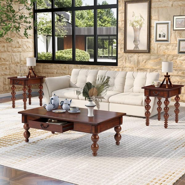 Hartwin Vintage 18 in. Walnut Finish Rectangle Side Table MDF End Table with Drawer, Solid Wood Leg