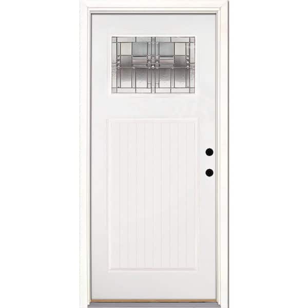 Feather River Doors 37.5 in. x 81.625 in. Monroe Zinc Craftsman 1/4 Lite Painted White Mahogany LH Inswing Fiberglass Prehung Front Door