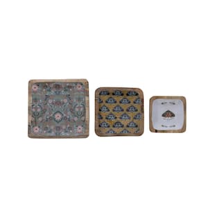 Multicolor Enameled Wood Trays with Moths and Florals, Set of 3 Sizes