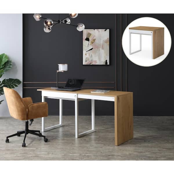 Loft Lyfe Johana 21.6 in. Wide Rectangular Natural/White Wooden Extendable Writing Desk with Steel Legs