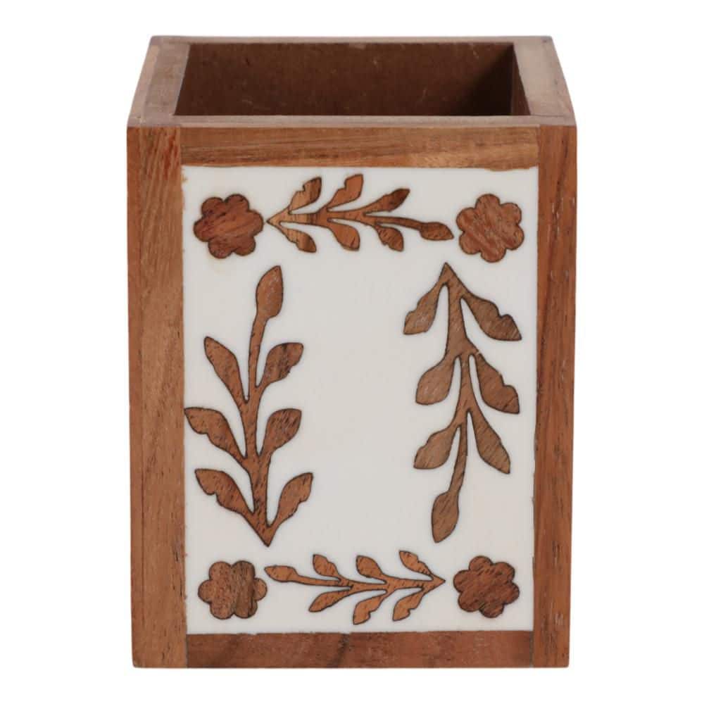 Brown/White 4 in. x 3 in. Wood/Resin Square Petals Pencil Cup price history on PriceWatchPro