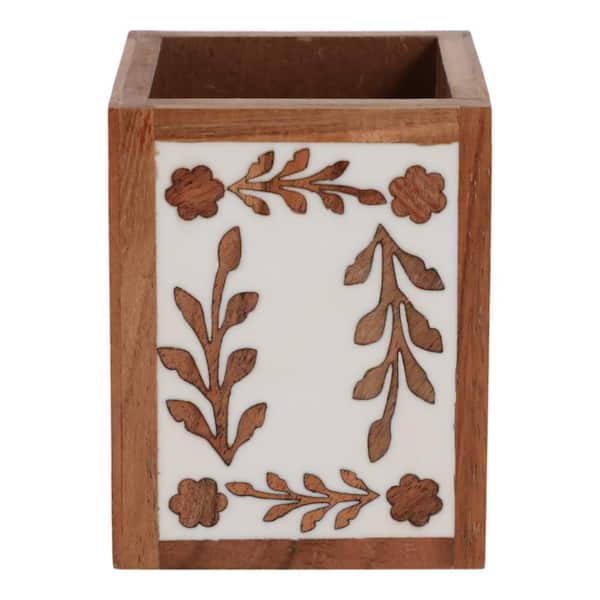Brown/White 4 in. x 3 in. Wood/Resin Square Petals Pencil Cup