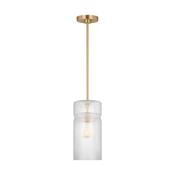 Generation Lighting - Liouet 7 in. W x 14 in. H 1-Light Satin Brass Transitional Pendant Light with Clear Ribbed Glass Shade