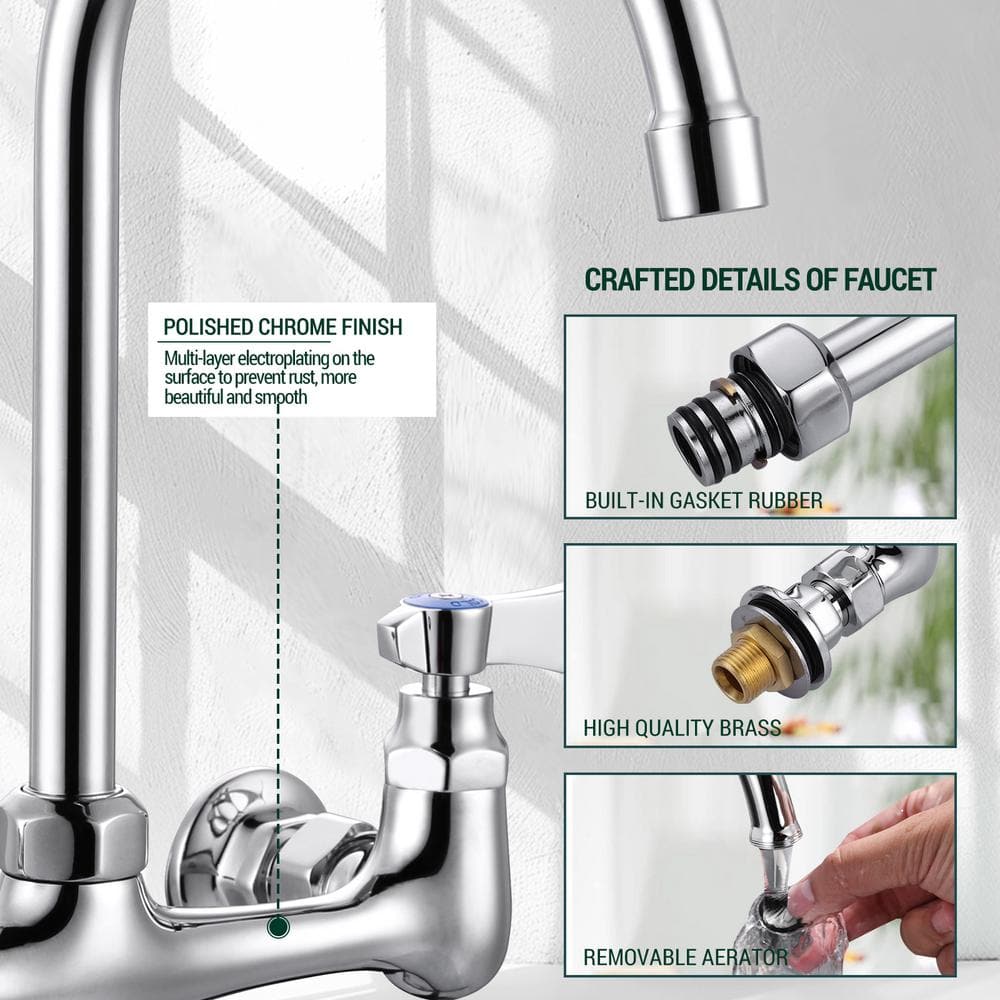 Polished Chrome Wall Mount Double Handle Kitchen Faucet
