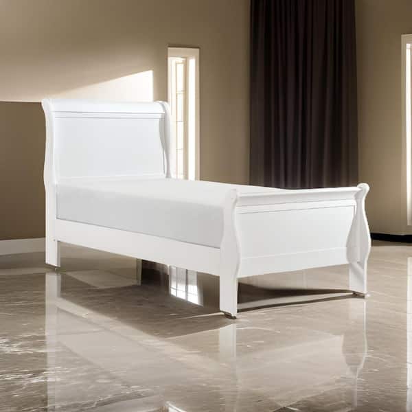 Vele White Twin Wood Frame Sleigh Bed with Panel Headboard