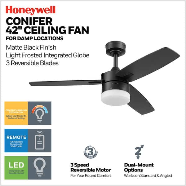 Honeywell Conifer 42 in. LED Indoor/Outdoor 3-Blade Matte Black