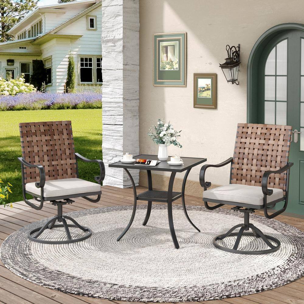 3-Piece Metal Outdoor Patio Bistro Set with 2 Swivel Wicker Chairs, Beige Cushions and 27.6 in. Square Black Table price history on PriceWatchPro