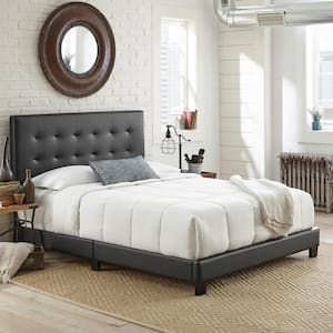 Roma Upholstered Tufted Faux Leather Platform Bed Frame with Bonus Base Wooden Slat System, Queen, Black