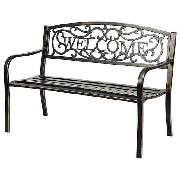 Gtnali 50 in. Metal Outdoor Bench with WELLCOM Pattern Backrest and Elegant Bronze Finish