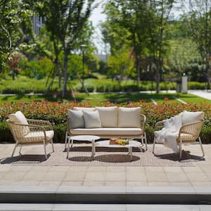 White Frame 5-Pieces Aluminum Deep Seating Patio Conversation Set with Beige Cushion